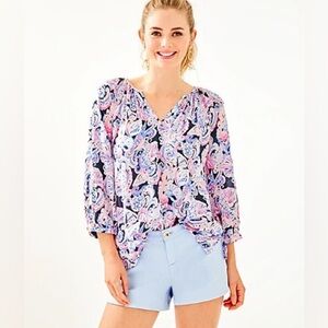Lilly Pulitzer Willa 3/4 Sleeve Top Seahorse Print High Tide Blue Pink Size XS